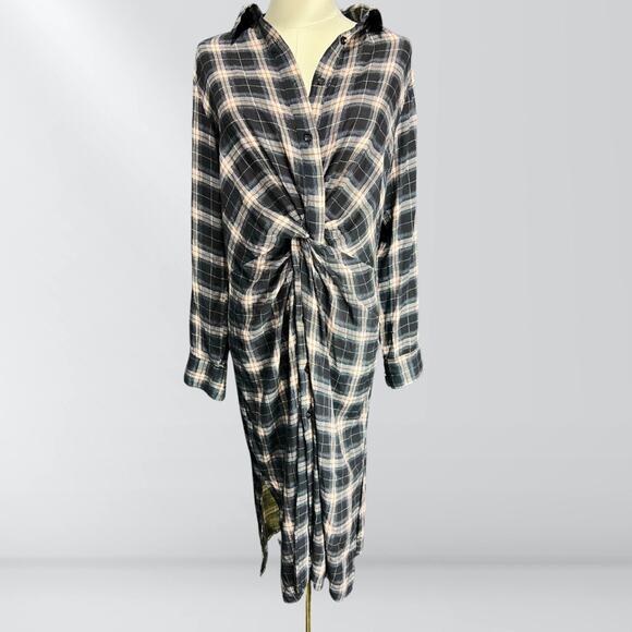 Anama Plaid Button Up Ruched Shirt Dress - Picture 1 of 7